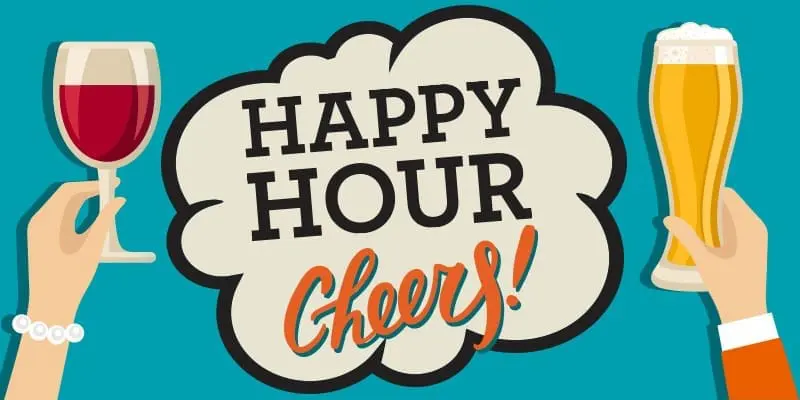 Happy Hour graphic featuring a wine glass and a beer mug with the text "HAPPY HOUR Cheers!" on a vibrant background, representing social gathering and events at Gulf Waters Resort.