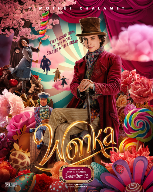 Willy Wonka movie poster featuring Timothée Chalamet surrounded by colorful sweets and whimsical elements, promoting the free "Wonka" movie night event at Gulf Waters RV Resort on March 22, 2024.