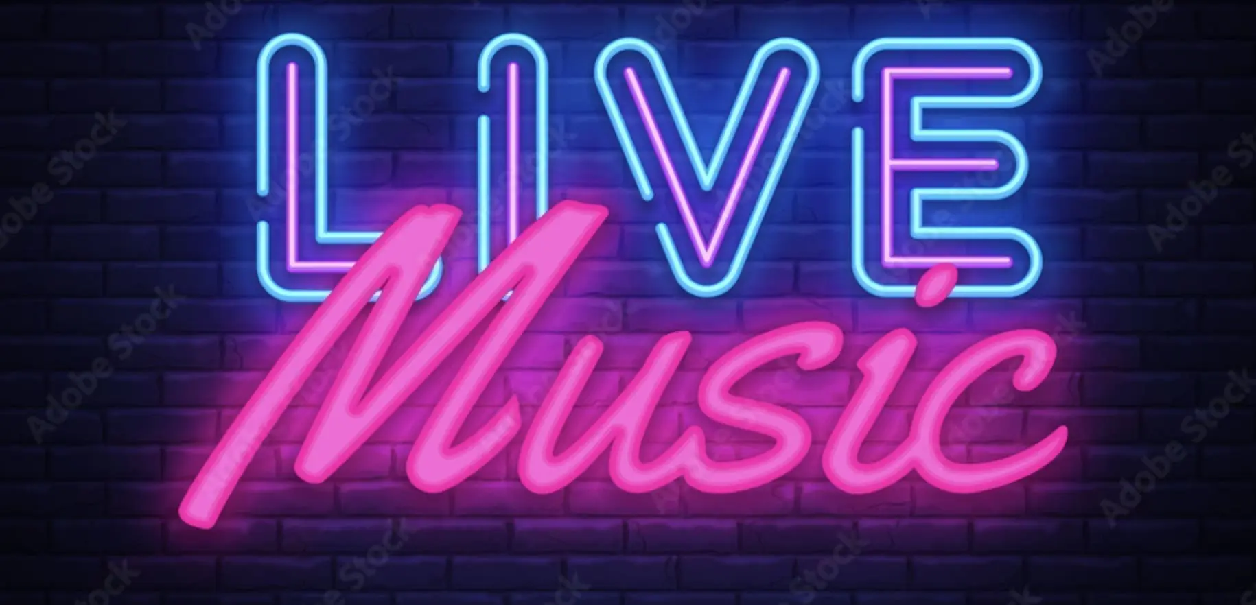 Live music neon sign featuring the words "LIVE" in blue and "Music" in pink, promoting the Crabdaddies event at Gulf Waters Beach Front RV Resort.