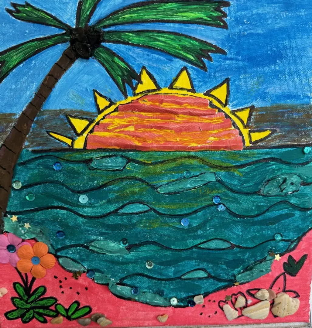 Mixed media painting of a sunset over the ocean, featuring a palm tree, colorful waves, and vibrant beach flowers, representing the artistic theme of the upcoming Mixed Media Art Class at Gulf Waters Beach Front RV Resort.