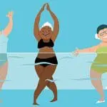 Three diverse women participating in water aerobics, smiling and engaging in exercise, promoting health and fitness at Gulf Waters Beach Front RV Resort.