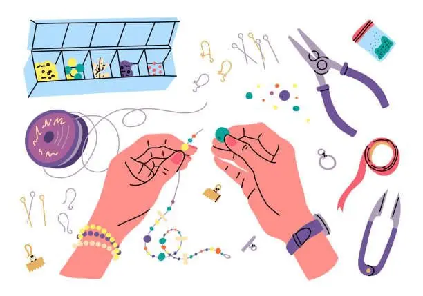 Hands crafting jewelry with beads, tools, and materials, illustrating a jewelry making class at Gulf Waters Beach Front RV Resort.