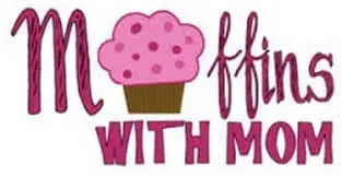 Muffins with Mom event logo featuring a pink cupcake and playful typography, promoting the Gulf Waters Beach Front RV Resort community event on July 7, 2024.