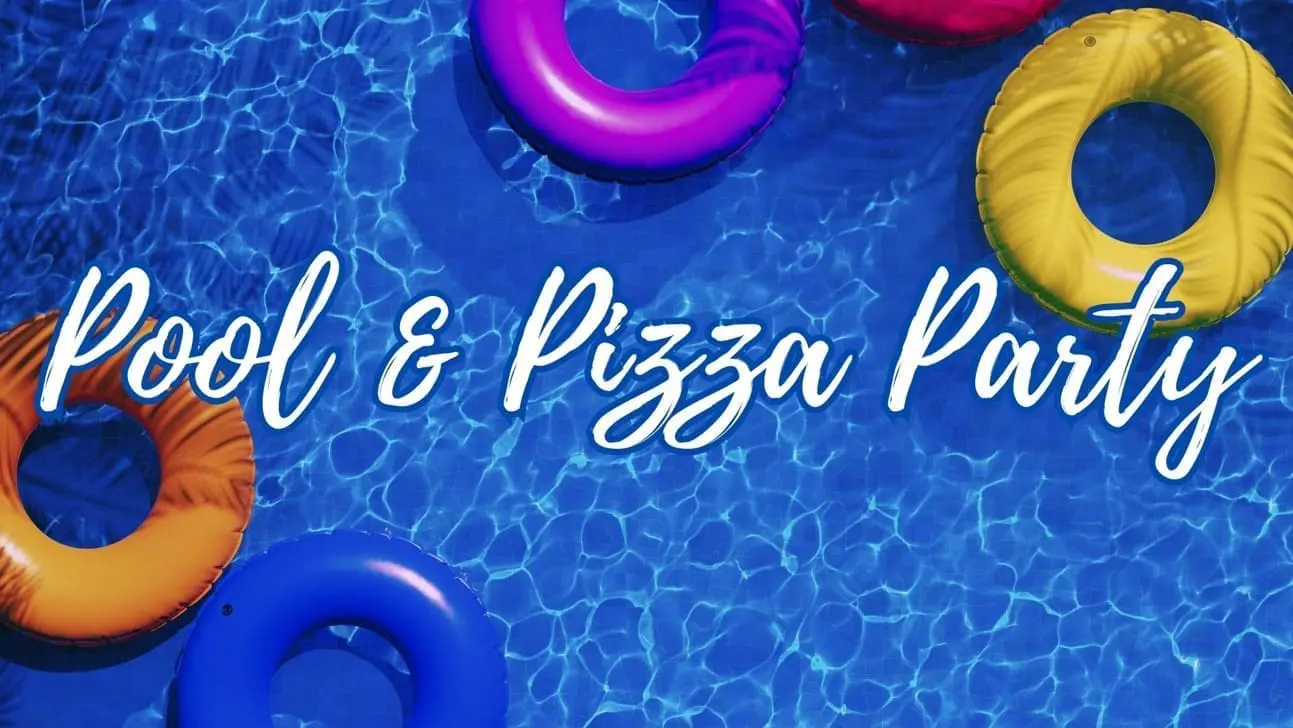 Colorful pool floats in a swimming pool with the text "Pool & Pizza Party," promoting the Gulf Waters Beach Front RV Resort event on July 19, 2024.