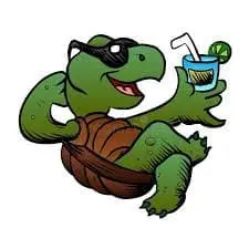 Cartoon turtle wearing sunglasses, holding a drink, promoting the 'Sip and Save the Turtles' event at Gulf Waters to raise funds for sea turtle rescue.