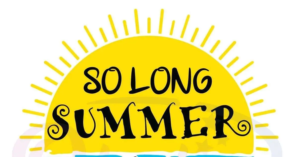 So Long Summer event logo featuring a bright yellow sun with rays and playful text, symbolizing the Kids & Pets Parade at Gulf Waters Beach Front RV Resort.
