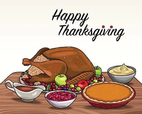 Thanksgiving feast illustration featuring a roasted turkey, cranberry sauce, mashed potatoes, apple, and pumpkin pie with "Happy Thanksgiving" text, symbolizing the Gulf Waters Beachfront RV Resort Thanksgiving event.
