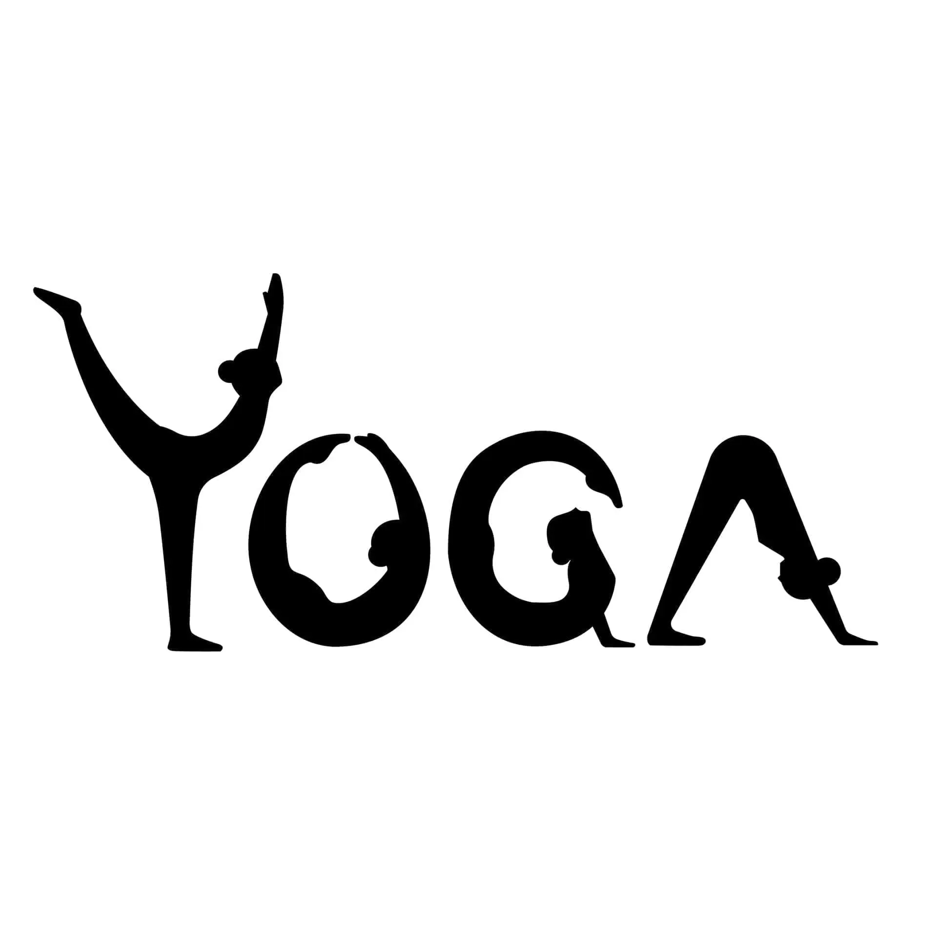 Yoga-themed graphic featuring silhouettes of individuals in various poses, creatively forming the word "YOGA," representing wellness and fitness activities at Gulf Waters Beach Front RV Resort.