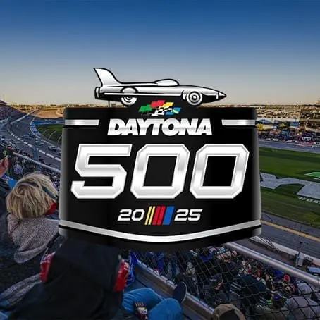 Daytona 500 logo with racing car graphic, featuring the year 2025, set against the backdrop of a crowded racetrack, representing the Daytona 500 watch party event at Gulf Waters Beach Front RV Resort.