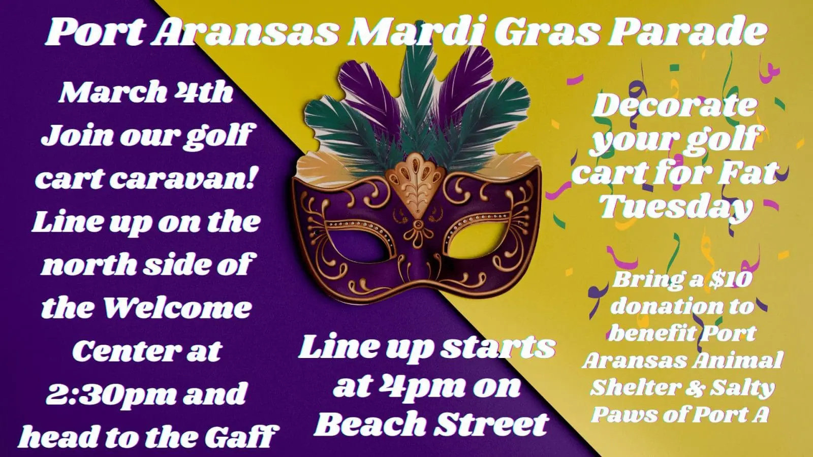 Mardi Gras-themed graphic featuring a decorative mask with feathers, event details for the Port Aransas Mardi Gras Parade on March 4th, highlighting the golf cart caravan and donation information.