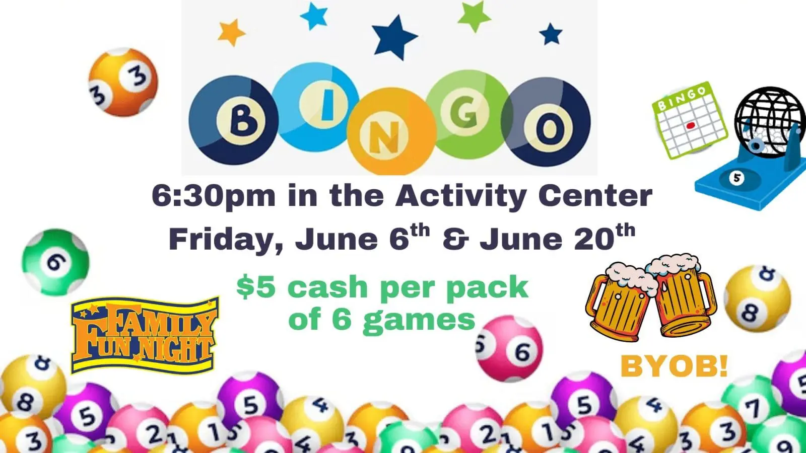 Bingo event graphic featuring colorful bingo balls, event details for June 6th and June 20th at Gulf Waters Beach Front RV Resort, and BYOB invitation.