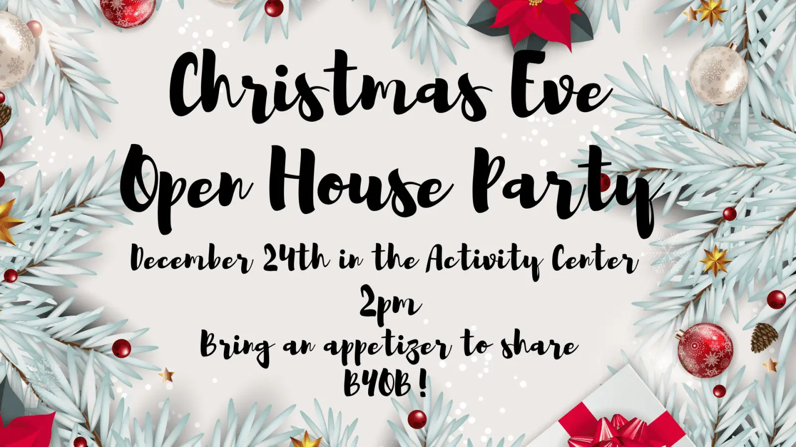 Festive Christmas Eve open house invitation at Gulf Waters RV Resort.