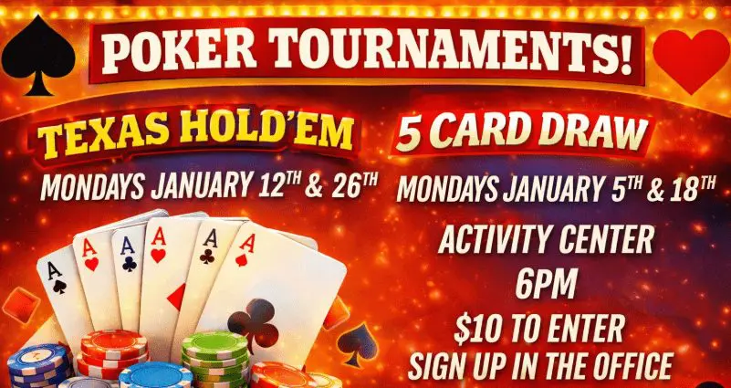 Poker tournaments poster with Texas Hold'em and 5 Card Draw details.