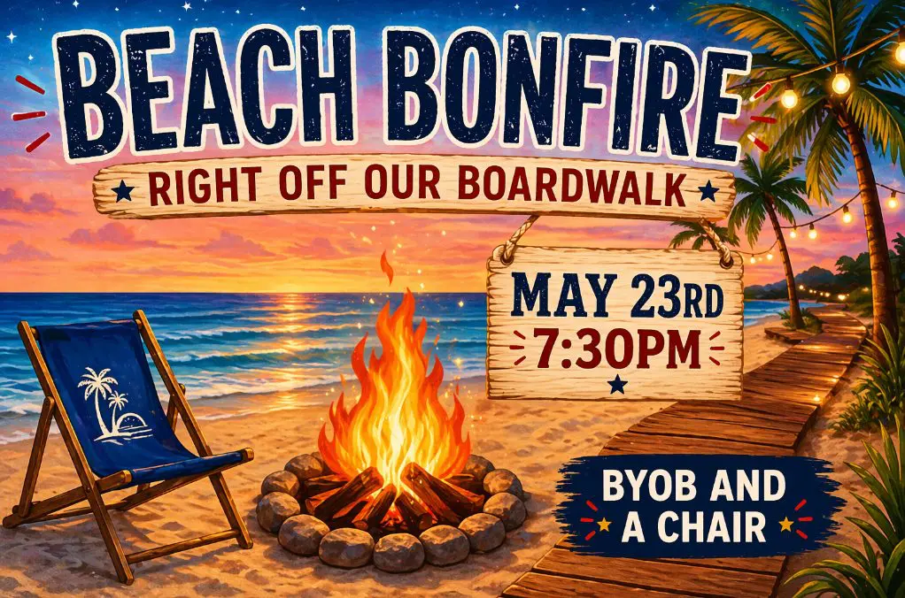 Beach bonfire on Gulf Waters beach with sunset, chairs, and palm trees.