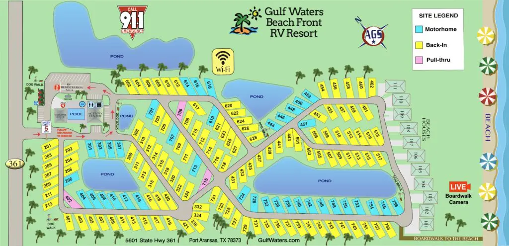 Detailed site map of Gulf Waters Beach Front RV Resort in Port Aransas.
