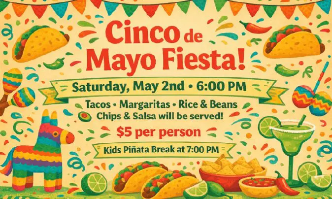 Colorful Cinco de Mayo event poster with tacos, margaritas, and festive decorations.