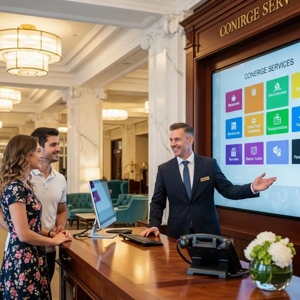 Concierge service interaction emphasizing 24/7 assistance for luxury RV resort guests