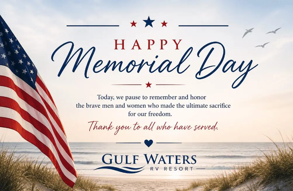 Memorial Day greeting with American flag and beach scene at Gulf Waters RV Resort.