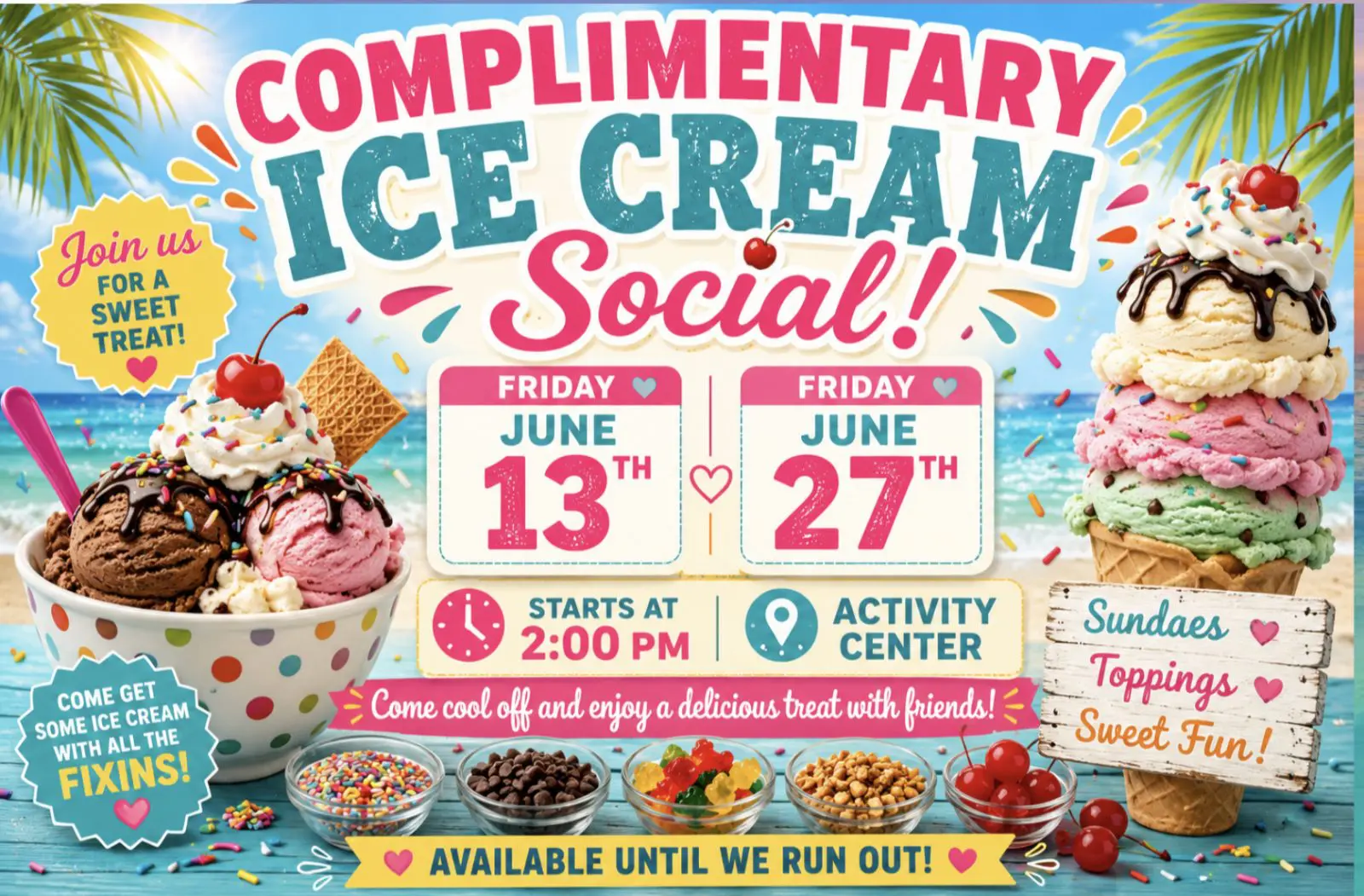 Ice Cream Social event at Gulf Waters Beach Front RV Resort with colorful treats and activities.