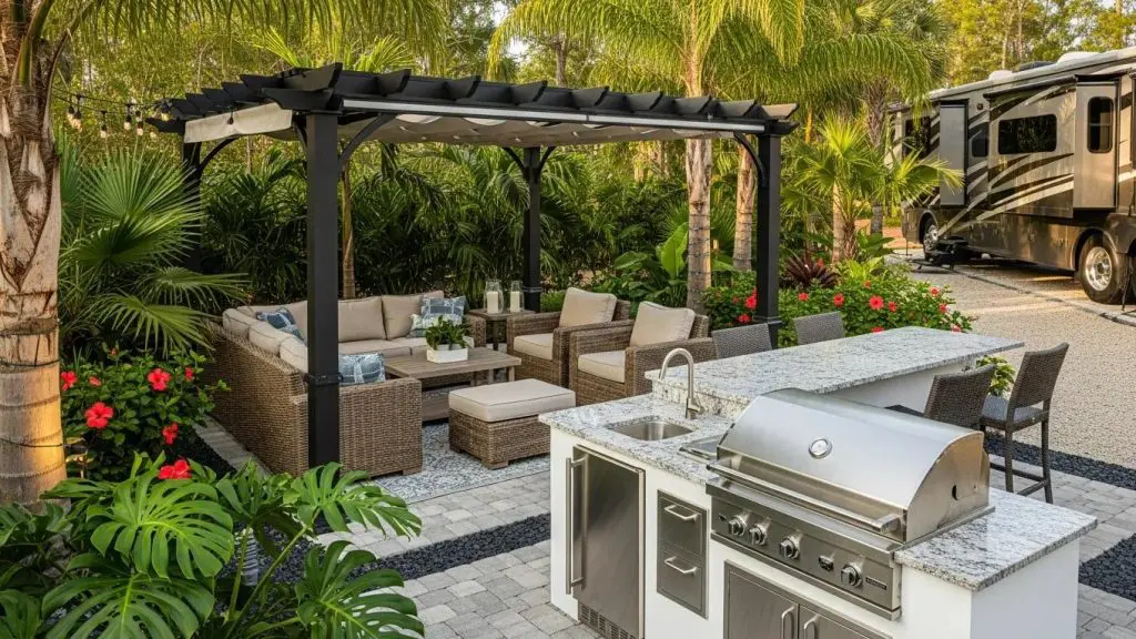 Luxurious RV site in Port Aransas with outdoor kitchen and landscaped surroundings.