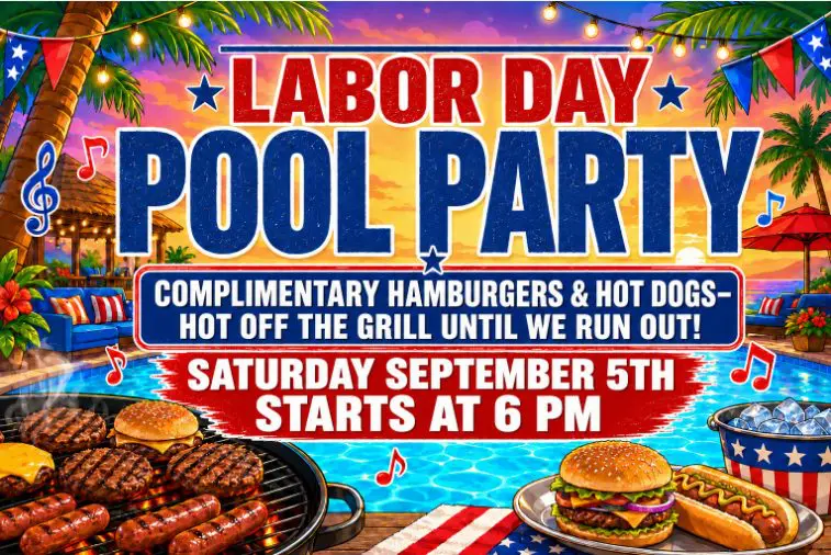 Labor Day pool party with food, drinks, and festive decorations at Gulf Waters.