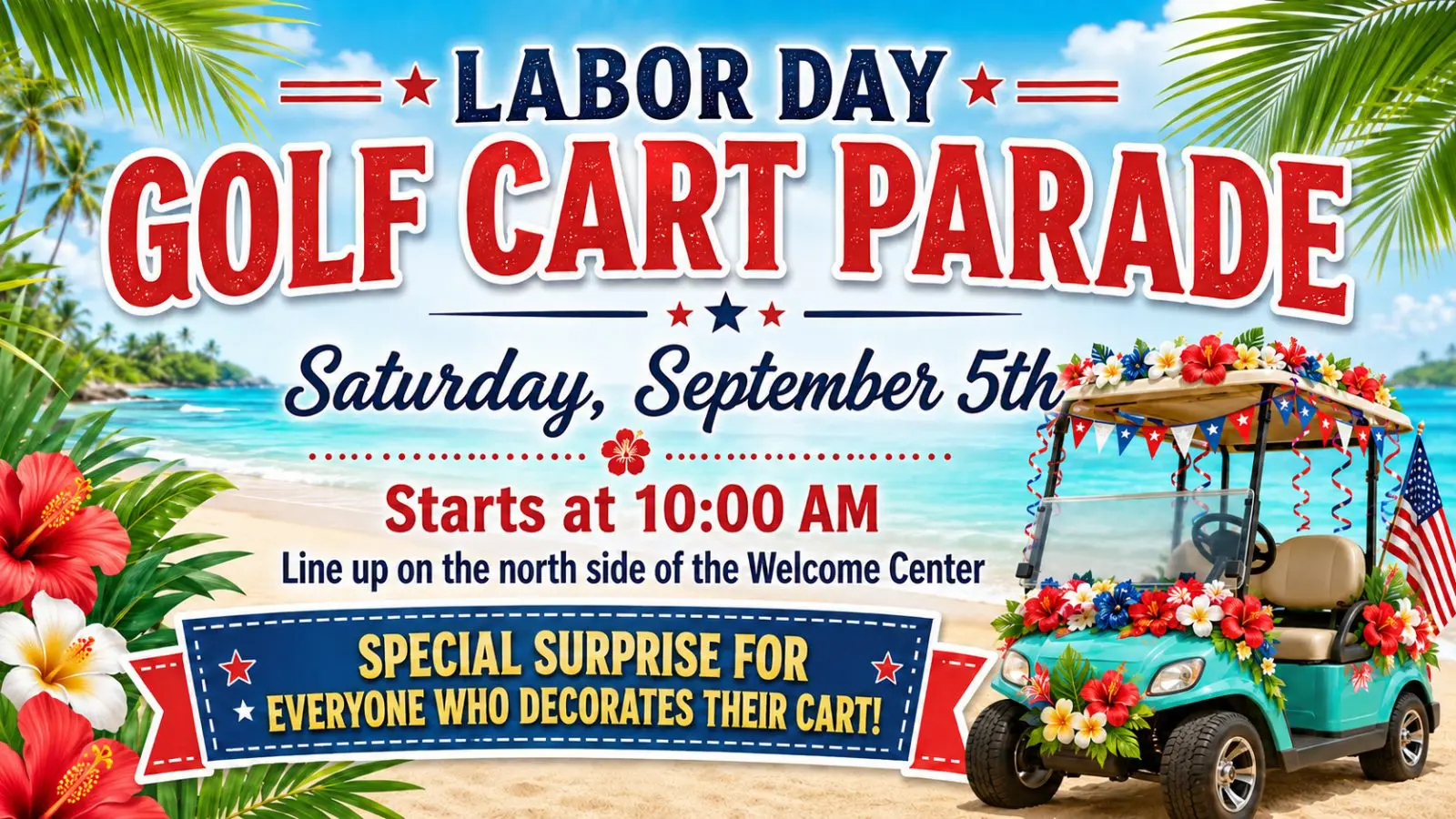 Colorful golf cart decorated for Labor Day parade at Gulf Waters.