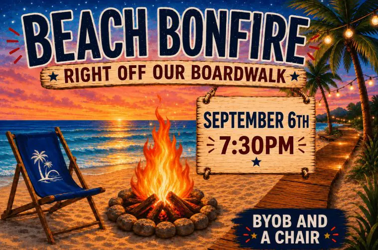 Beach bonfire event at Gulf Waters Beach Front RV Resort with sunset view.