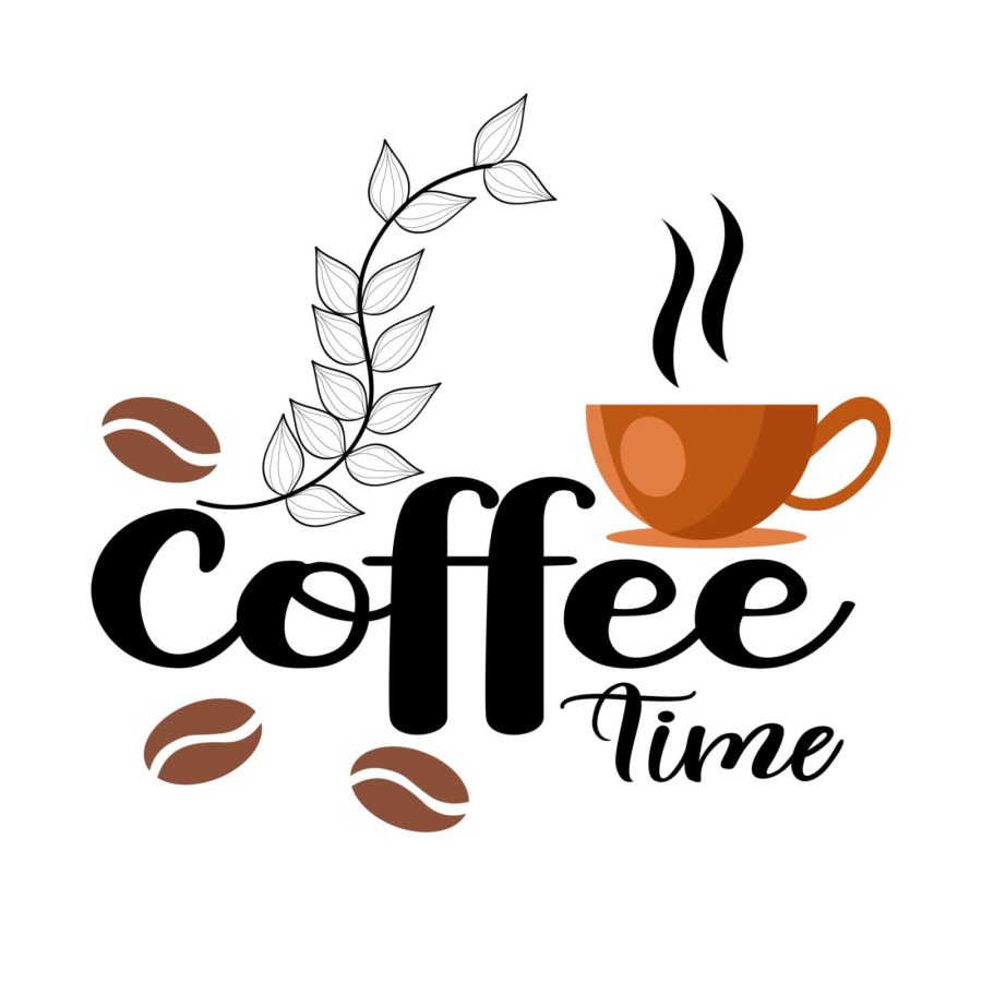 Coffee cup with steam, leaves, and coffee beans for coffee lovers.