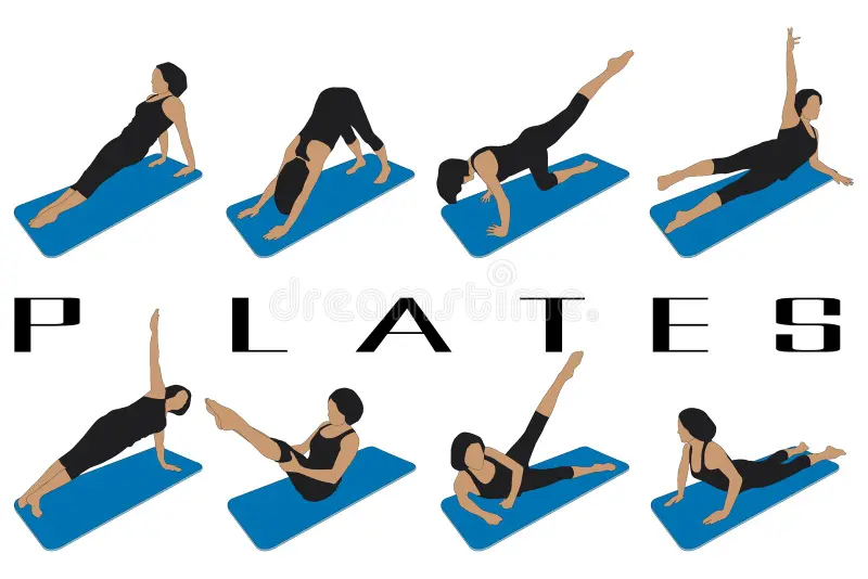Illustration of various Pilates poses on blue mats, showcasing fitness activities for all levels, relevant to the free Pilates class at Gulf Waters Beach Front RV Resort.