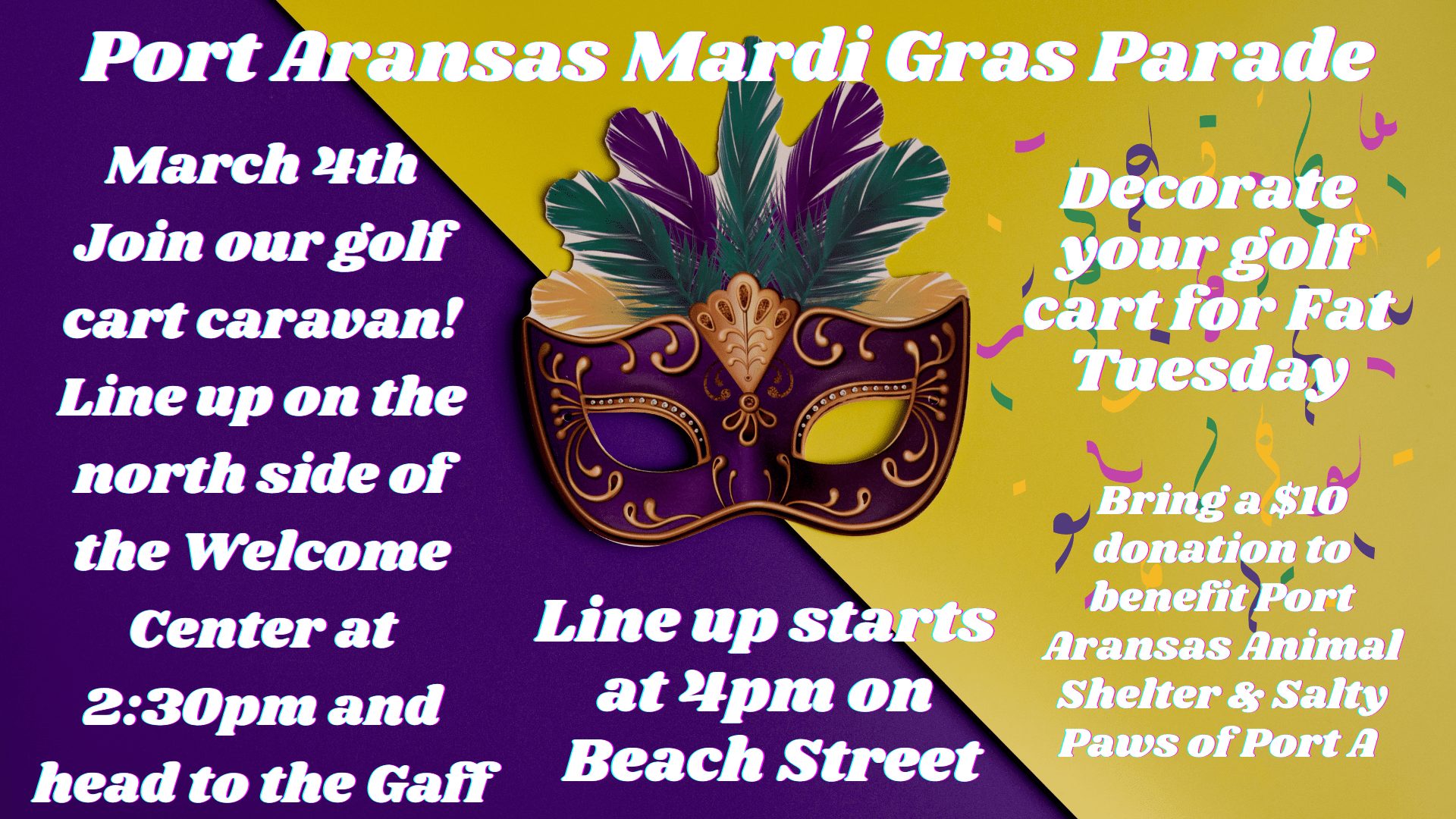 Scenic view of Gulf Waters Beach Front RV Resort with festive Mardi Gras decorations.