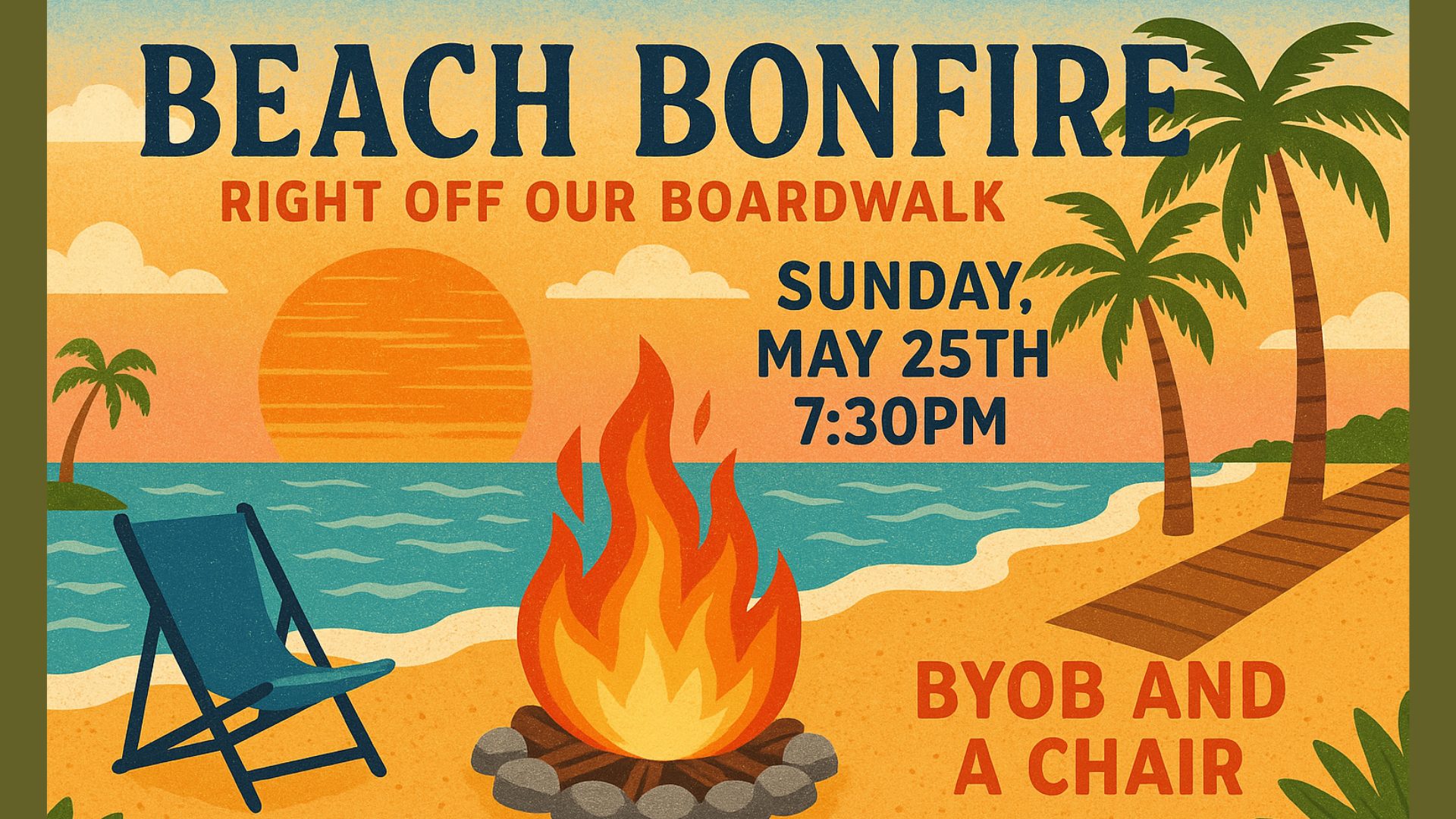 Beach bonfire event at Gulf Waters Beach Front RV Resort with sunset and palm trees.