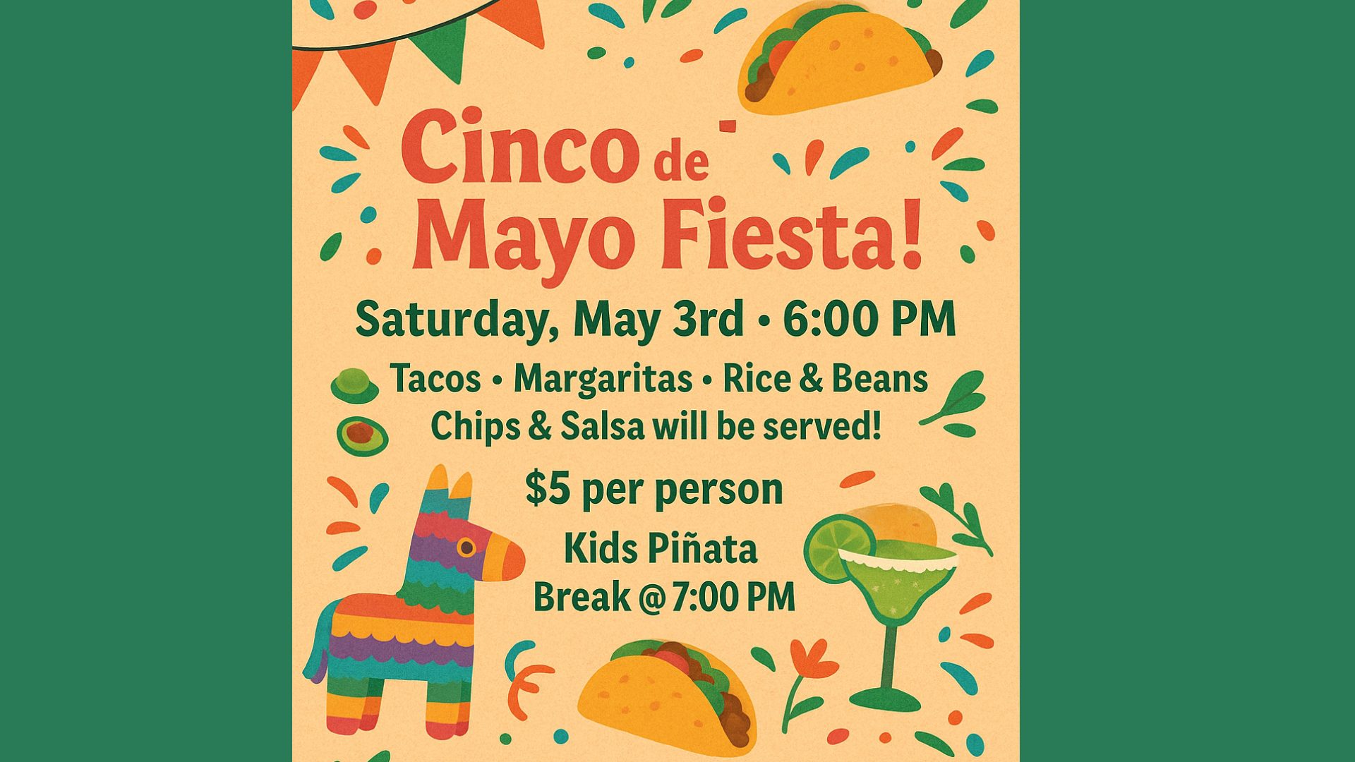 Fiesta celebration at Gulf Waters Beach Front RV Resort with tacos and margaritas.
