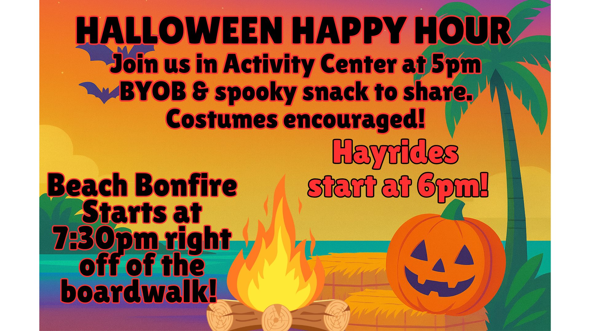 Halloween event at Gulf Waters Beach Front RV Resort with bonfire and pumpkin.