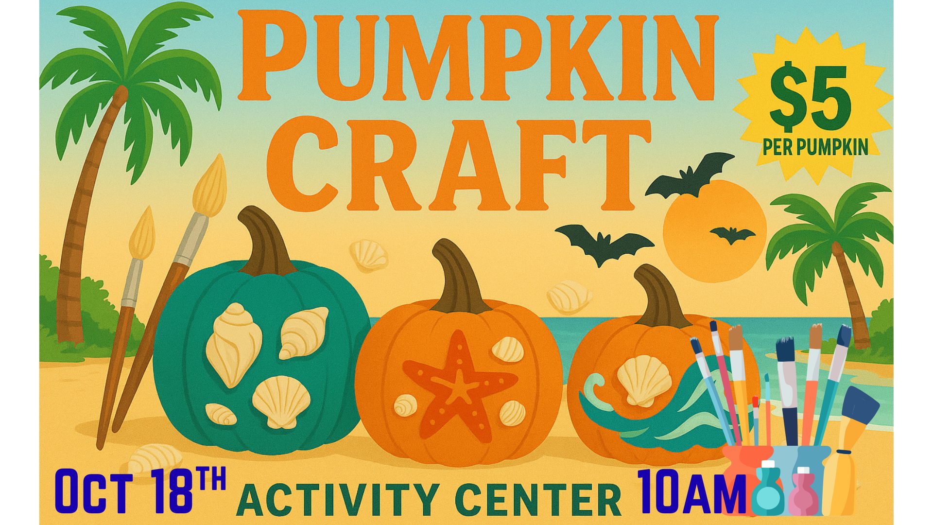 Colorful pumpkins and craft supplies for pumpkin craft event at Gulf Waters.