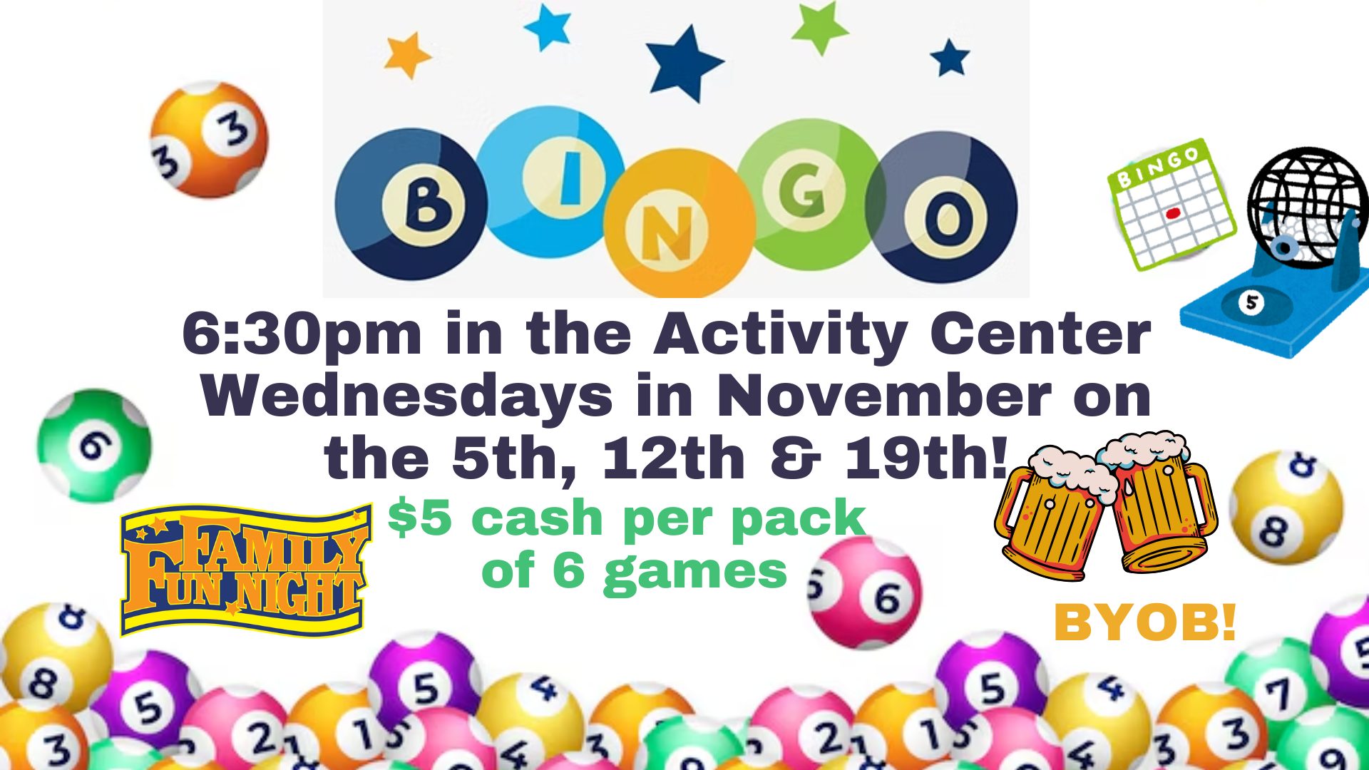BINGO night at Gulf Waters Beach Front RV Resort with colorful balls and prizes.