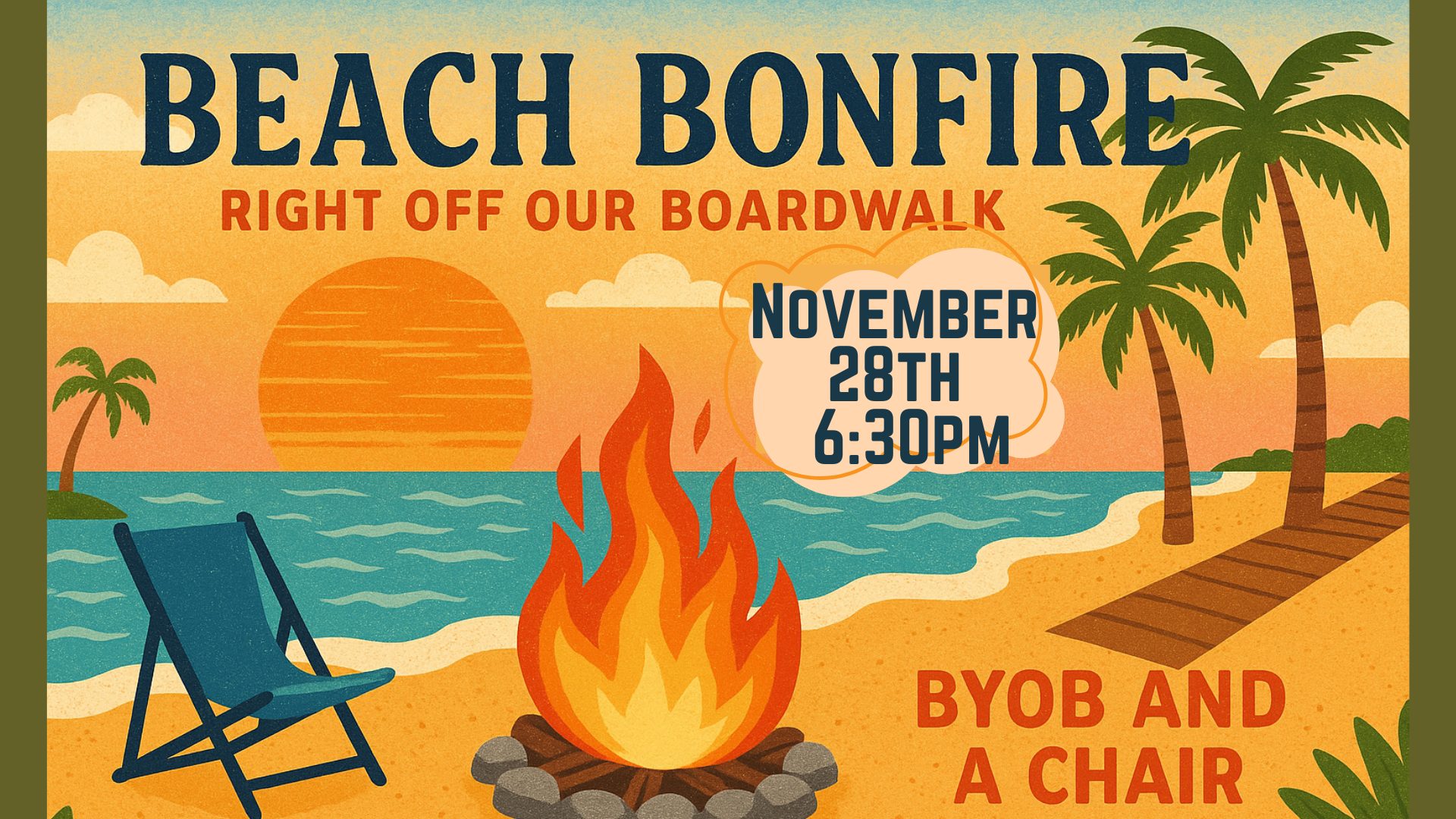 Beach bonfire with chairs and sunset at Gulf Waters Beach Front RV Resort.