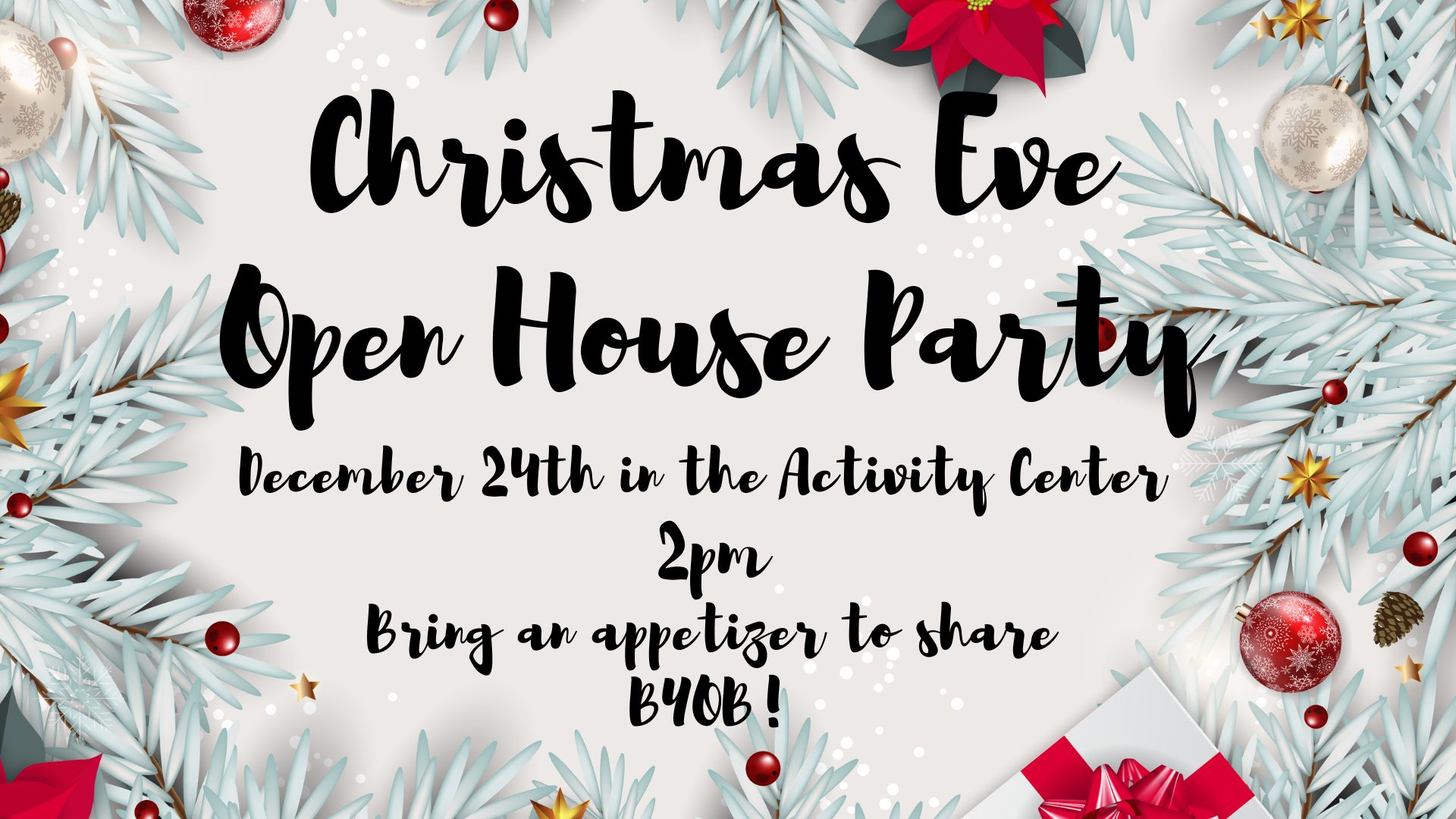 Festive Christmas Eve open house invitation at Gulf Waters RV Resort.