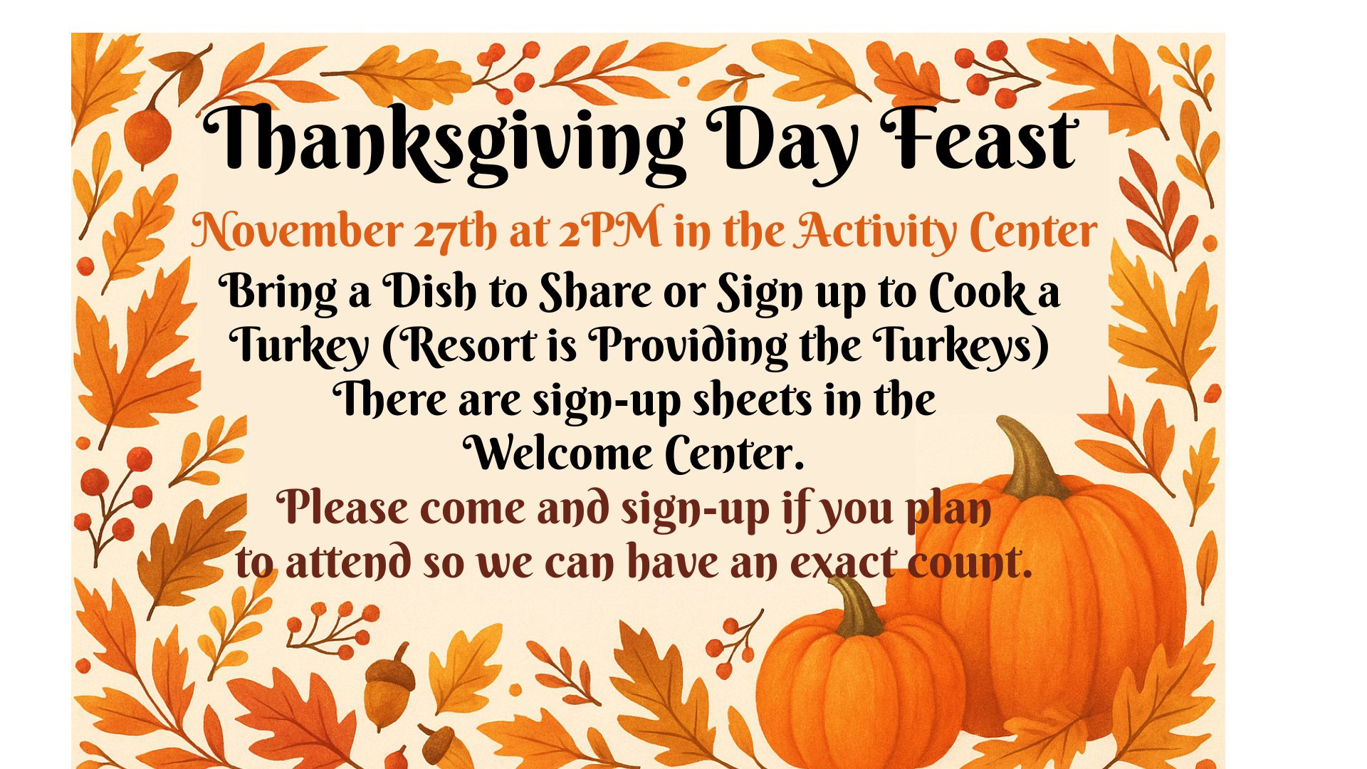 Thanksgiving feast announcement with pumpkins and autumn leaves at Gulf Waters.