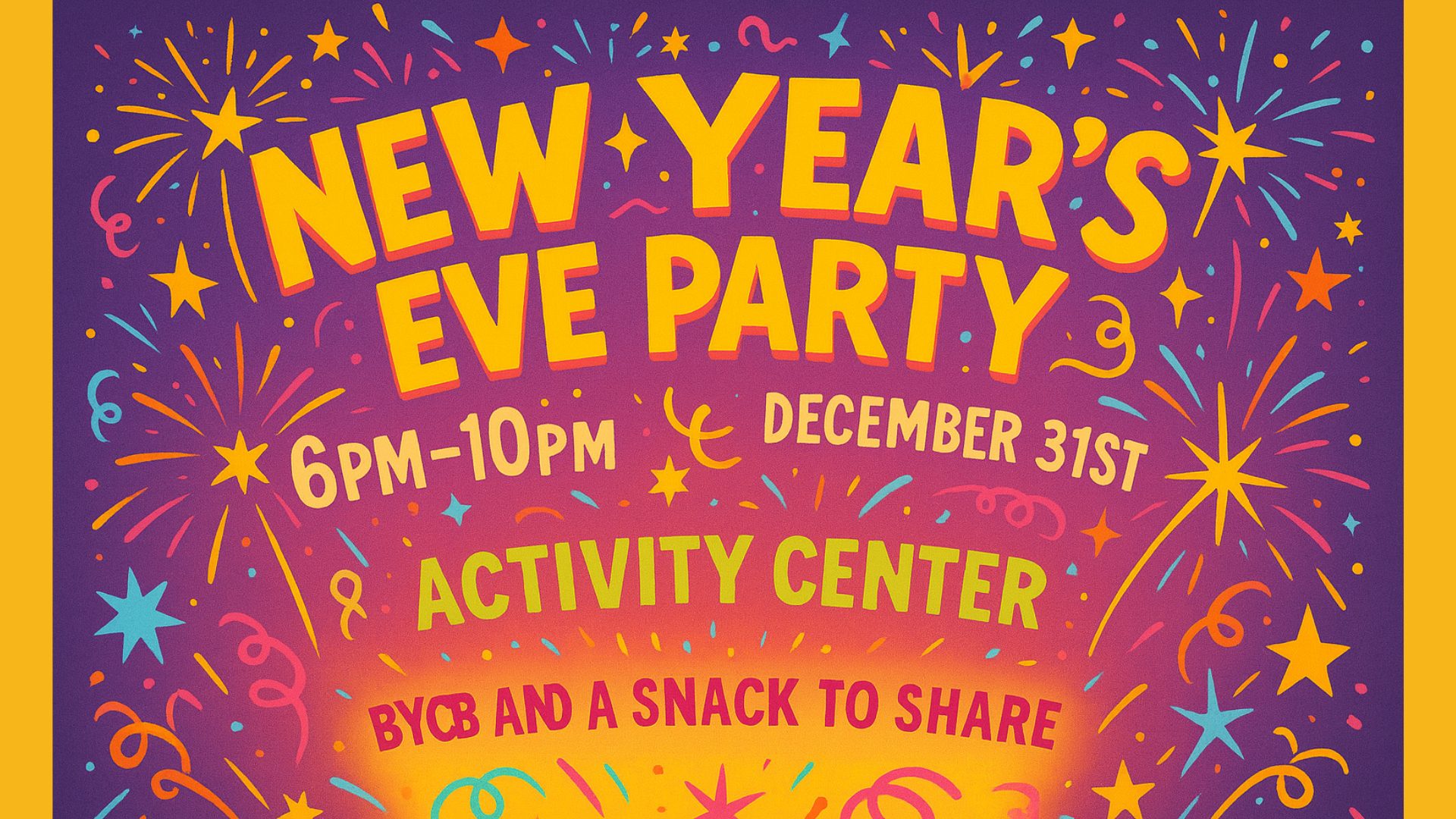 Festive New Year's Eve Party poster with fireworks and celebration details.