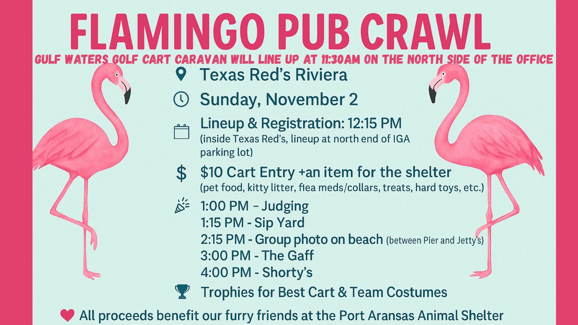 Colorful flyer for Flamingo Pub Crawl at Gulf Waters RV Resort with flamingo graphics.