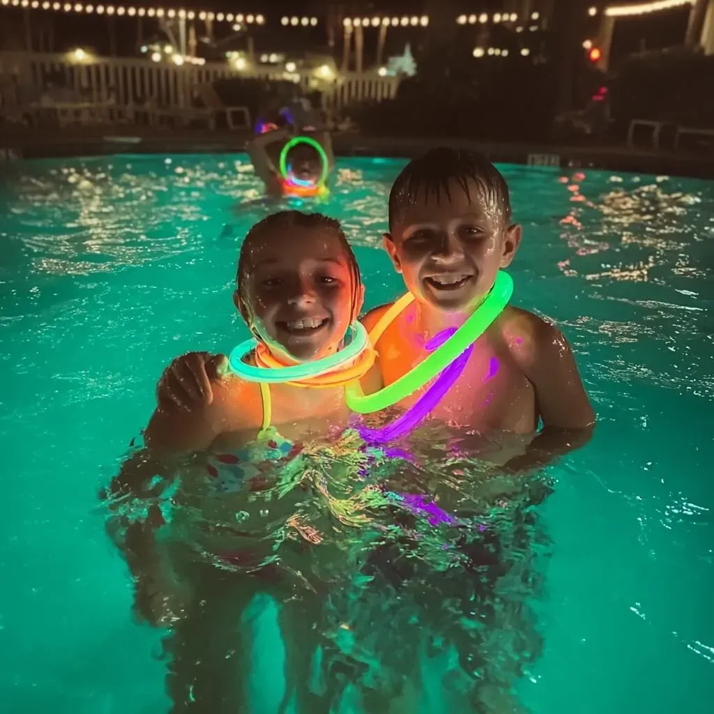 Children swimming in Gulf Waters RV Resort pool with glowing pool noodles.