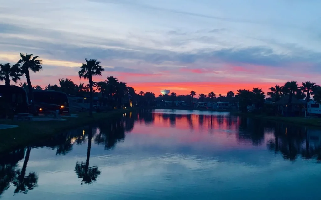 Colorful sunset over a calm lake lined with palm trees.