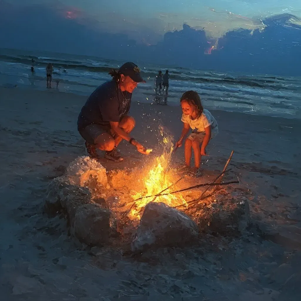 Child and adult gathering around a beach bonfire at sunset.
