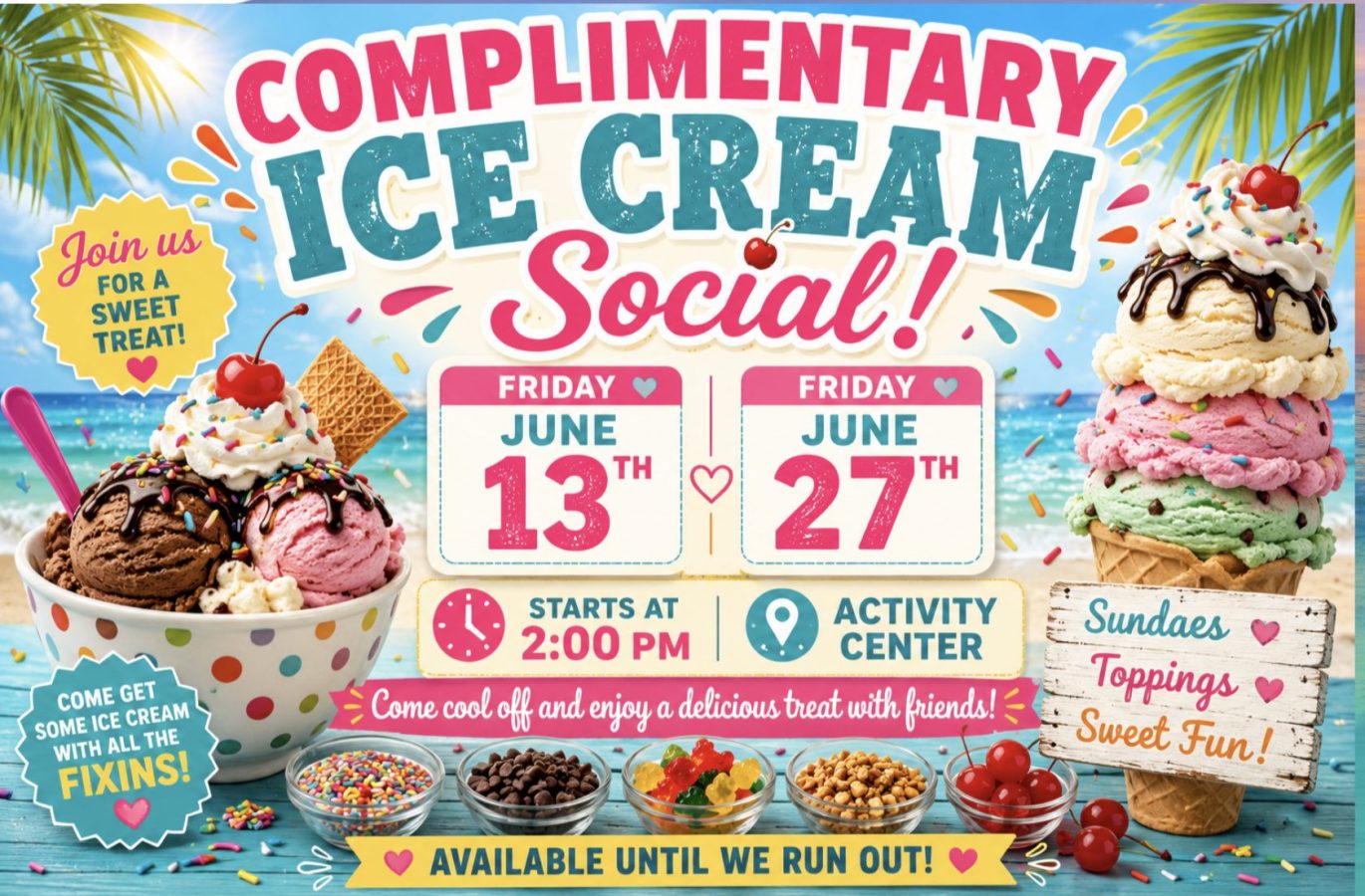 Ice Cream Social event at Gulf Waters Beach Front RV Resort with colorful treats and activities.