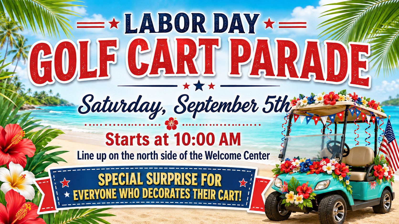 Colorful golf cart decorated for Labor Day parade at Gulf Waters.