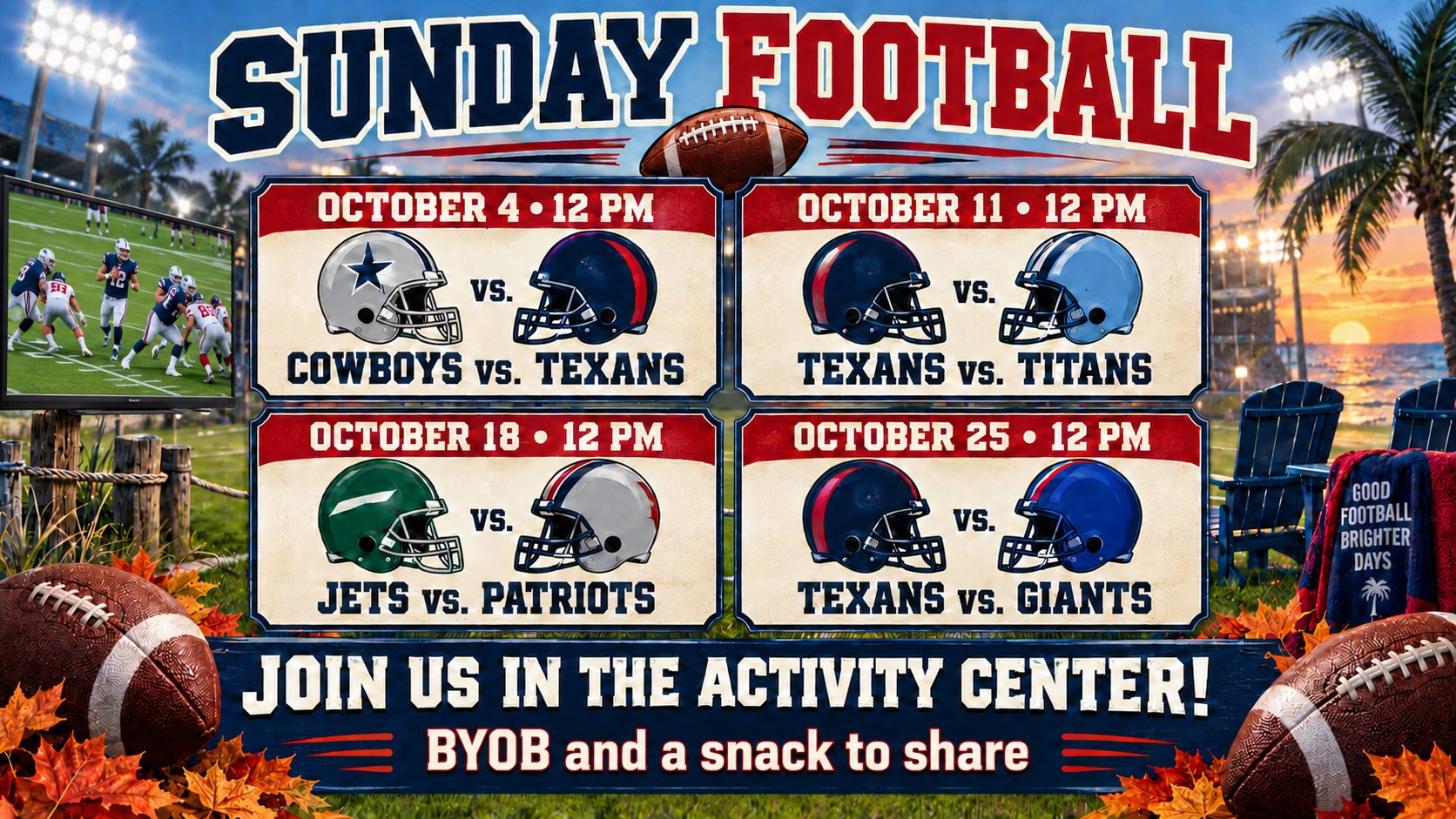 Scenic view of Gulf Waters Beach Front RV Resort with football game schedule.