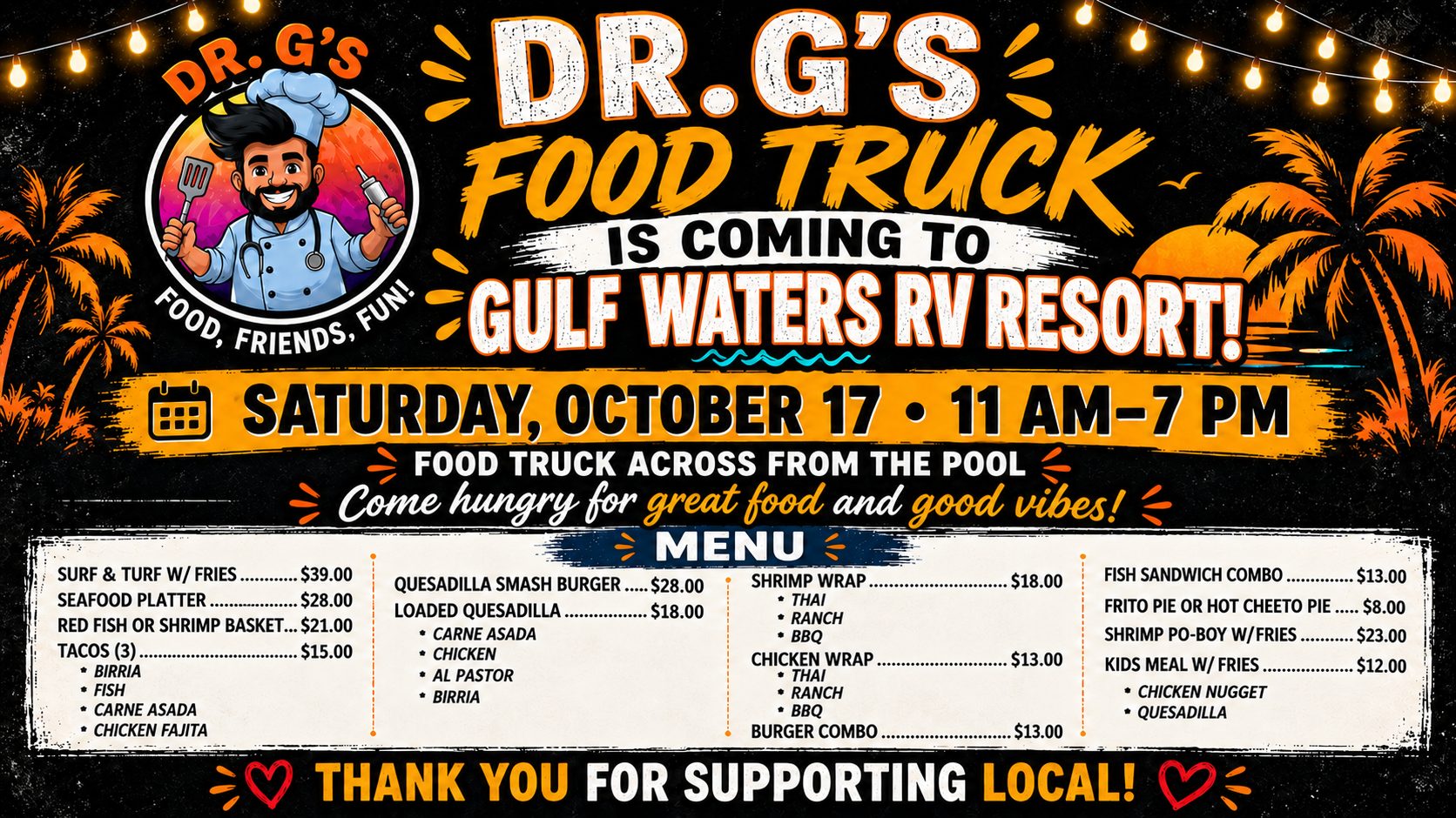 Food truck at Gulf Waters RV Resort with tropical decor and string lights.