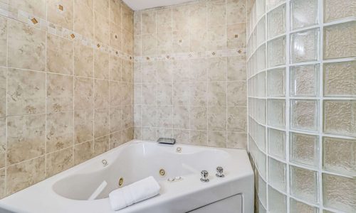 Modern bathroom featuring a Jacuzzi tub and glass block wall for privacy.