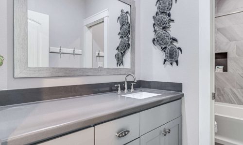 Modern bathroom interior with gray cabinetry, a sleek countertop, and decorative turtle wall art, reflecting the coastal style of Gulf Waters Beach Front RV Resort beach house rentals.