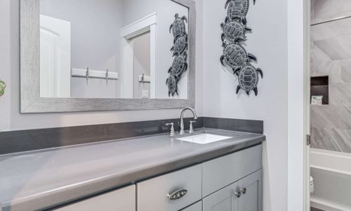 Modern bathroom with gray vanity and sea turtle wall art at Gulf Waters.